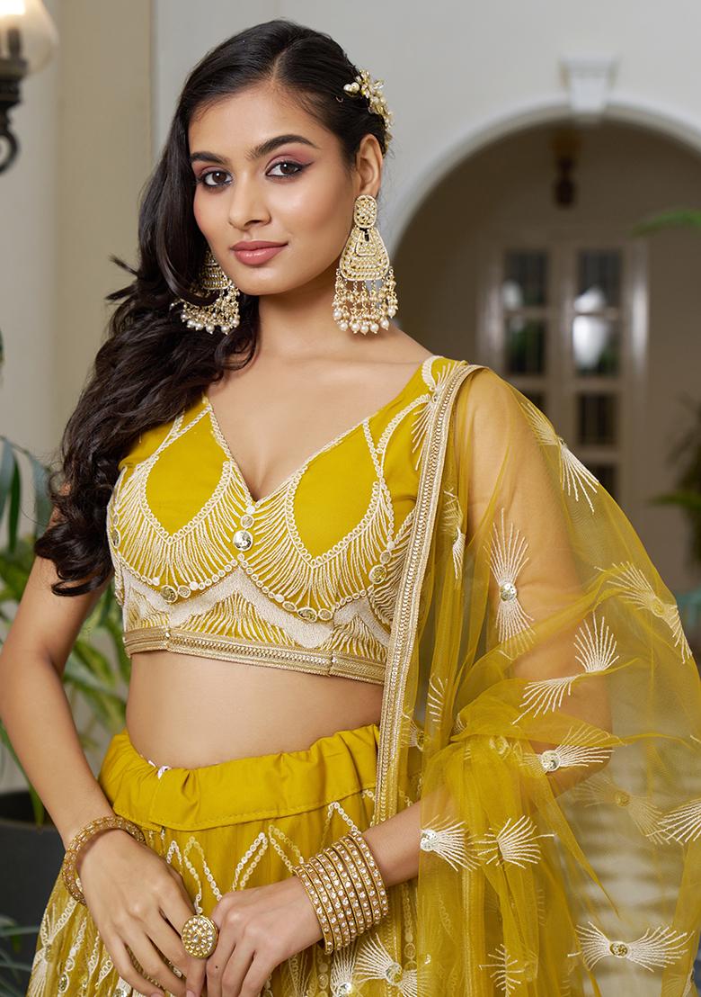 Yellow Embroidered Net Lehenga Set With Dupatta