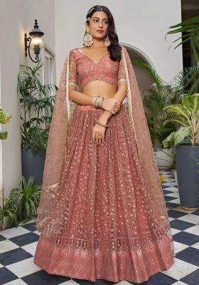 Rust Embroidered Net Lehenga Set With Dupatta