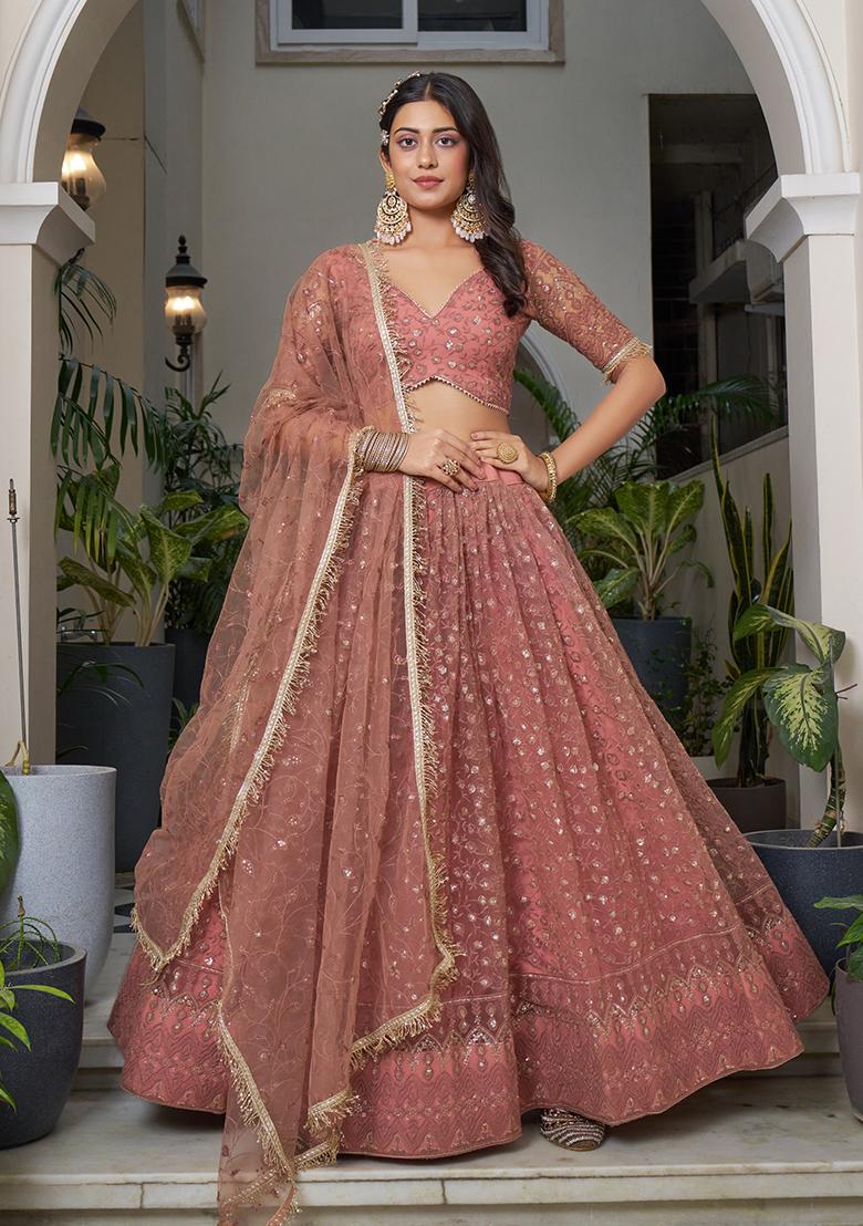 Rust Embroidered Net Lehenga Set With Dupatta