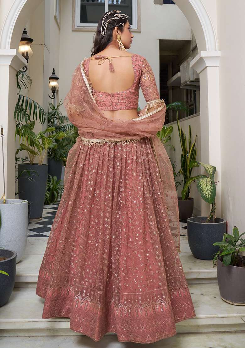 Rust With Dupatta Net Lehenga Set with Embroidered for Diwali | Wedding & Festive Wear - Indya
