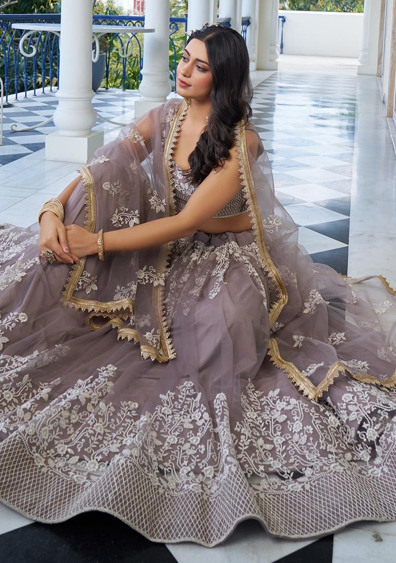 Brown Embroidered Net Lehenga Set With Dupatta