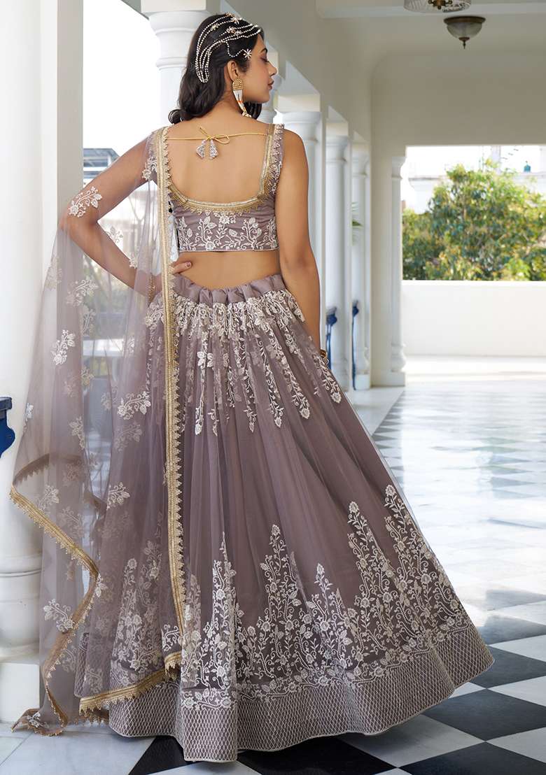 Brown With Dupatta Net Lehenga Set with Embroidered for Diwali | Wedding & Festive Wear - Indya