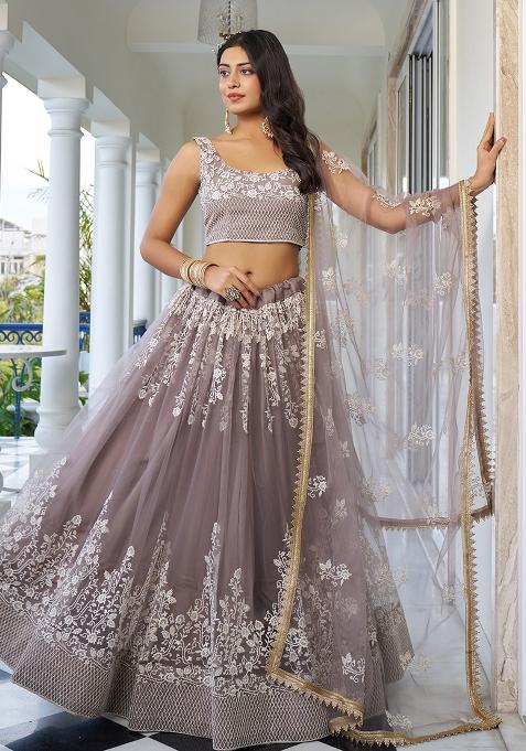 Brown Embroidered Net Lehenga Set With Dupatta