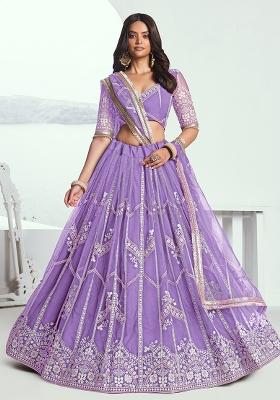 Lavender Embroidered Net Lehenga Set With Dupatta
