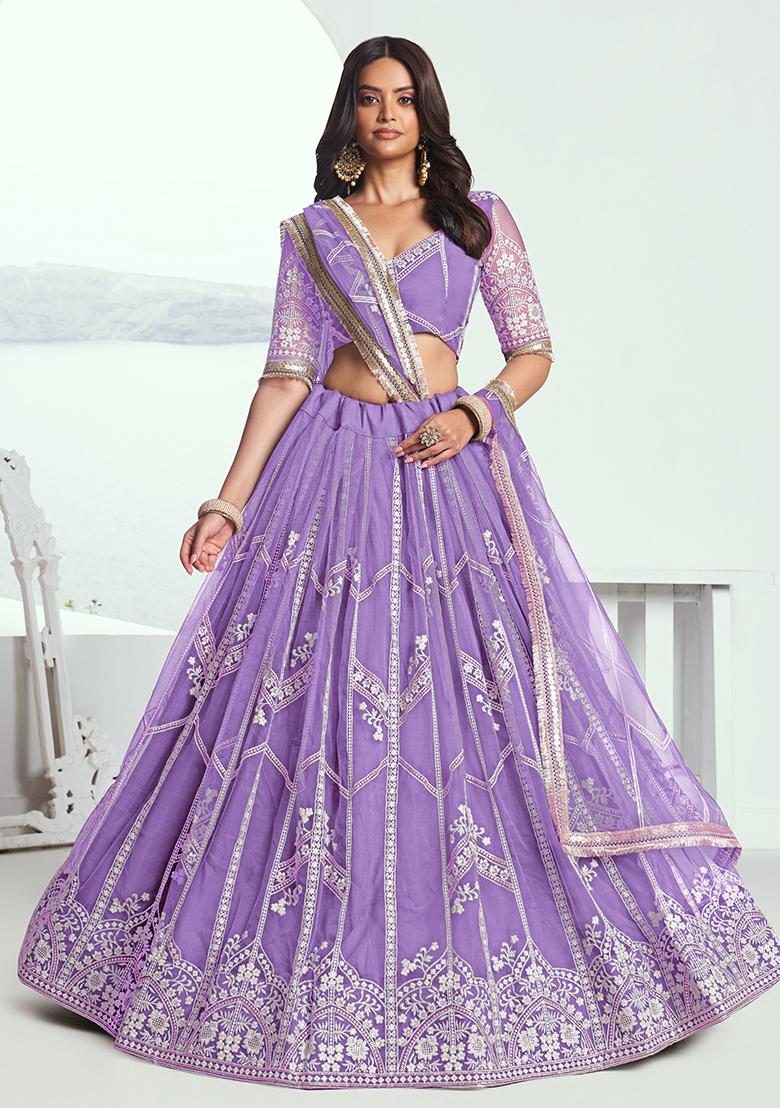 Lavender Embroidered Net Lehenga Set With Dupatta