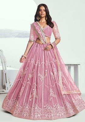Pink Embroidered Net Lehenga Set With Dupatta