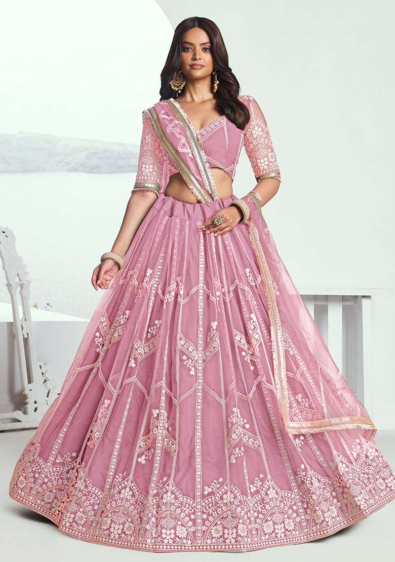 Pink With Dupatta Net Lehenga Set with Embroidered for Diwali | Wedding & Festive Wear - Indya