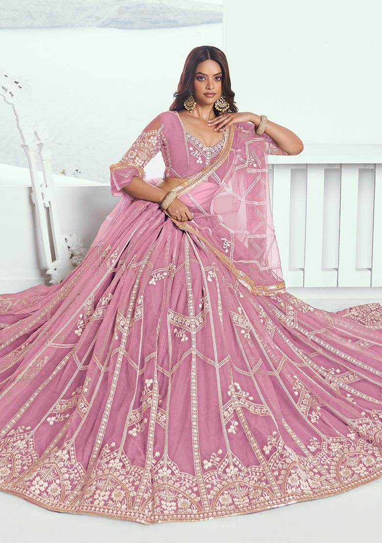 Pink Embroidered Net Lehenga Set With Dupatta