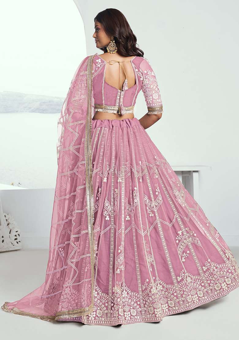 Pink With Dupatta Net Lehenga Set with Embroidered for Diwali | Wedding & Festive Wear - Indya
