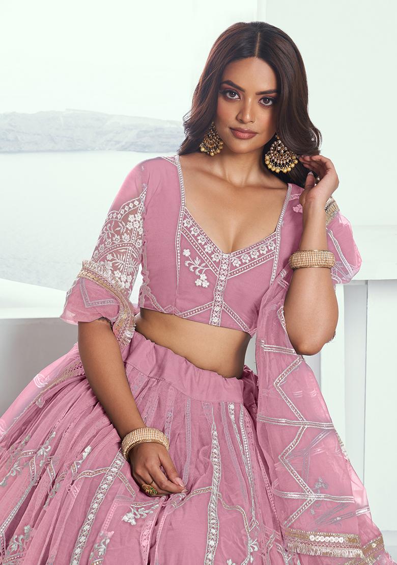 Pink Embroidered Net Lehenga Set With Dupatta