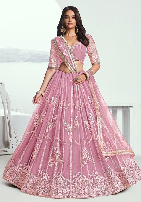 Pink Embroidered Net Lehenga Set With Dupatta