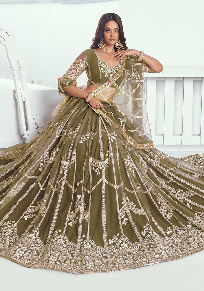 Mehndi Green Embroidered Net Lehenga Set With Dupatta