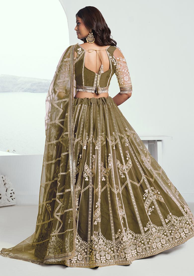 Mehndi Green Embroidered Net Lehenga Set With Dupatta