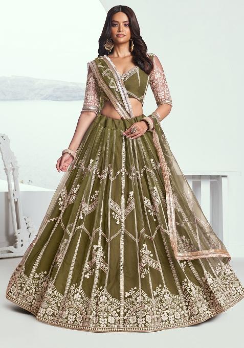 Mehndi Green Embroidered Net Lehenga Set With Dupatta