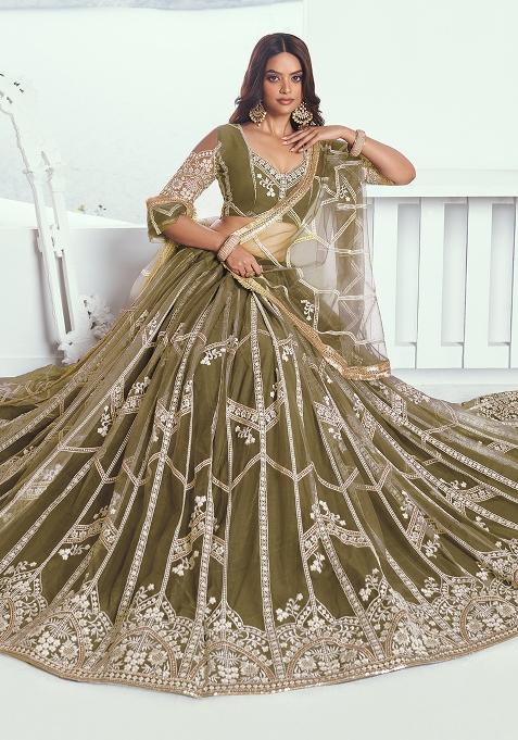 Mehndi Green Embroidered Net Lehenga Set With Dupatta
