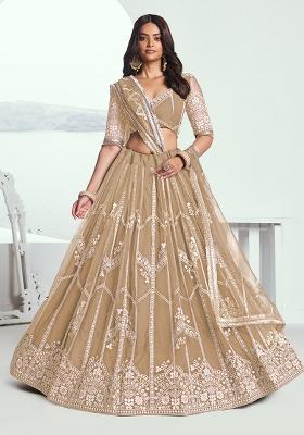 Beige Embroidered Net Lehenga Set With Dupatta