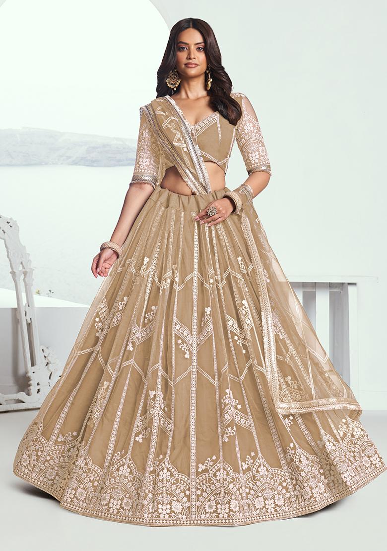 Beige Embroidered Net Lehenga Set With Dupatta
