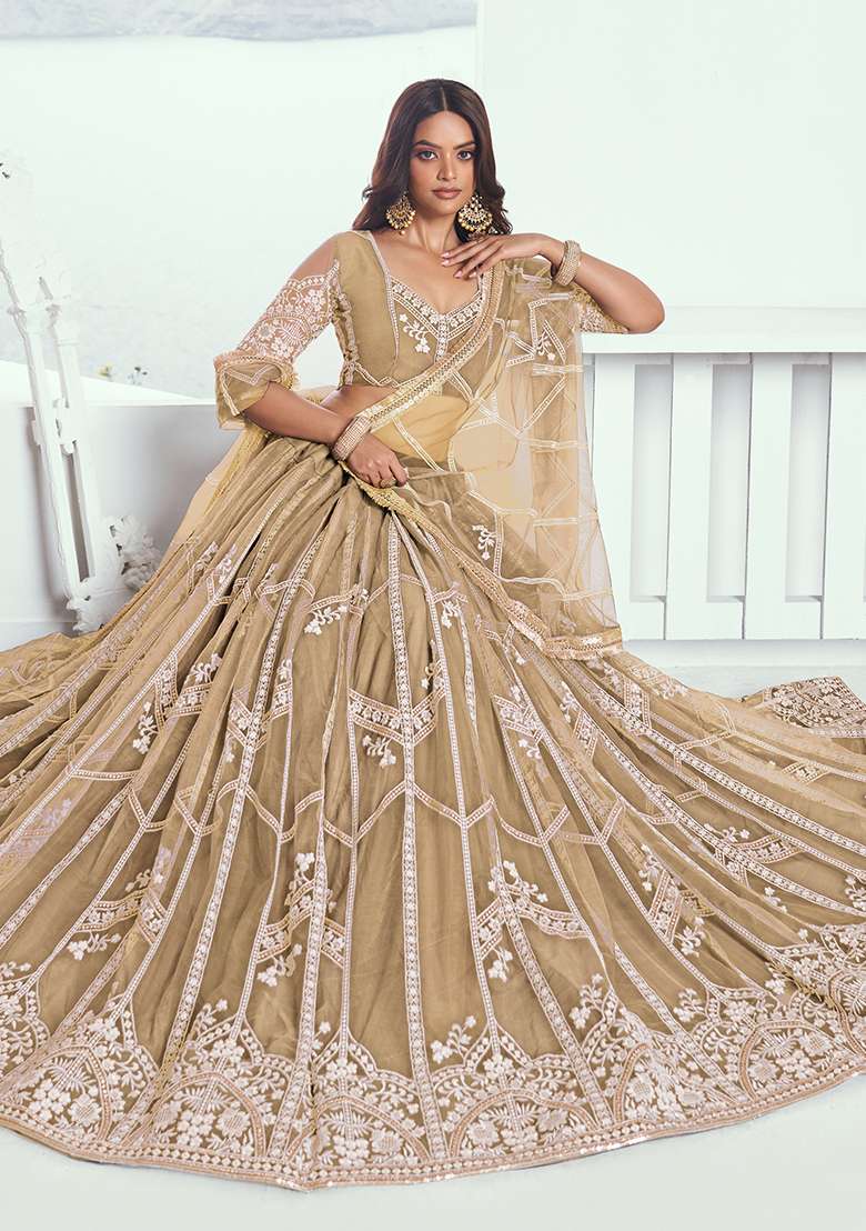 Beige Embroidered Net Lehenga Set With Dupatta for Diwali and Festive Wear - Indya