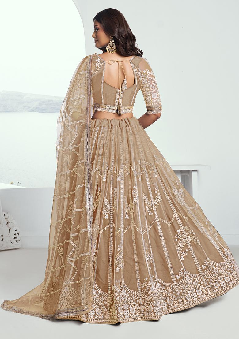 Beige Embroidered Net Lehenga Set With Dupatta
