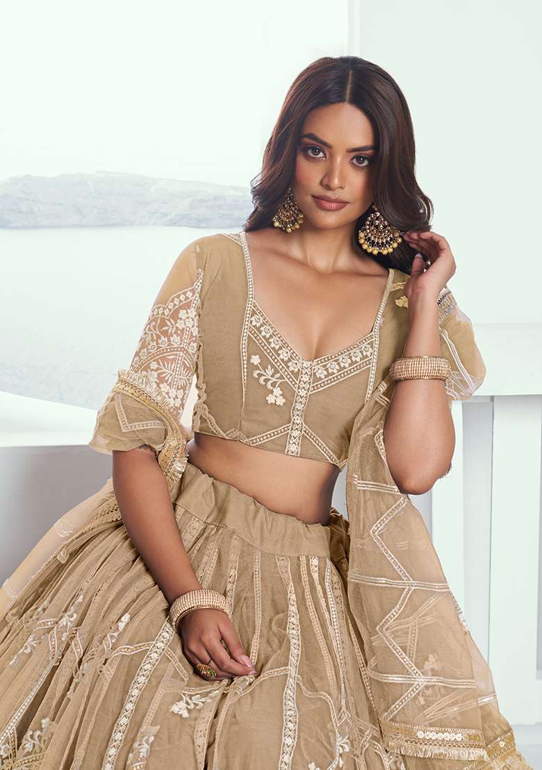 Beige Embroidered Net Lehenga Set With Dupatta for Diwali and Festive Wear - Indya