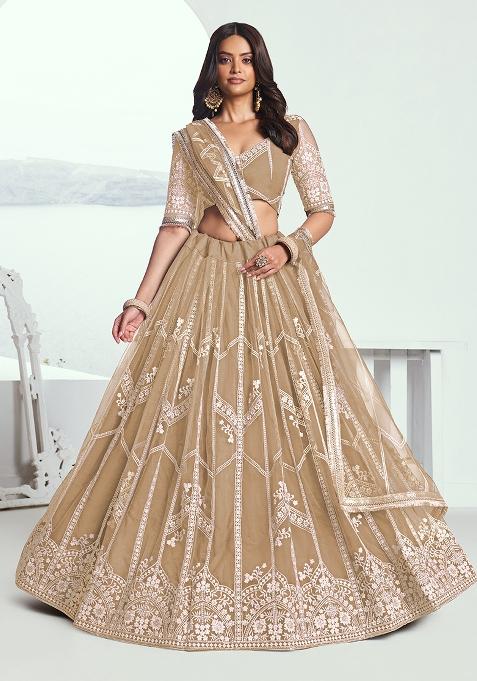 Beige Embroidered Net Lehenga Set With Dupatta