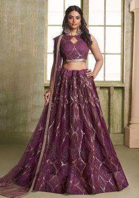Wine Embroidered Net Lehenga Set With Dupatta