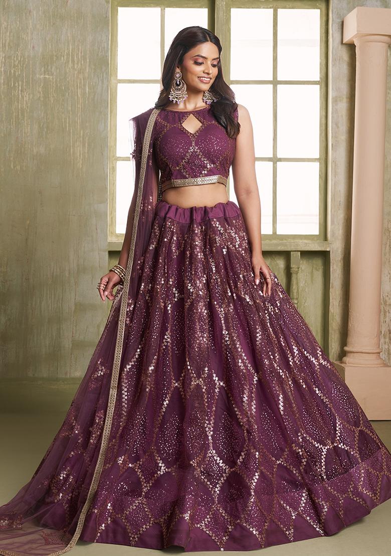 Wine Embroidered Net Lehenga Set With Dupatta