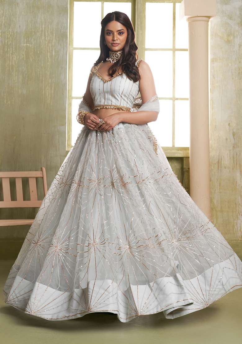 Light Gray With Dupatta Net Lehenga Set with Embroidered for Diwali | Wedding & Festive Wear - Indya