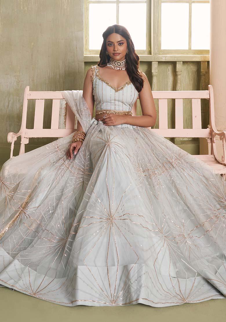 Light Gray Embroidered Net Lehenga Set With Dupatta