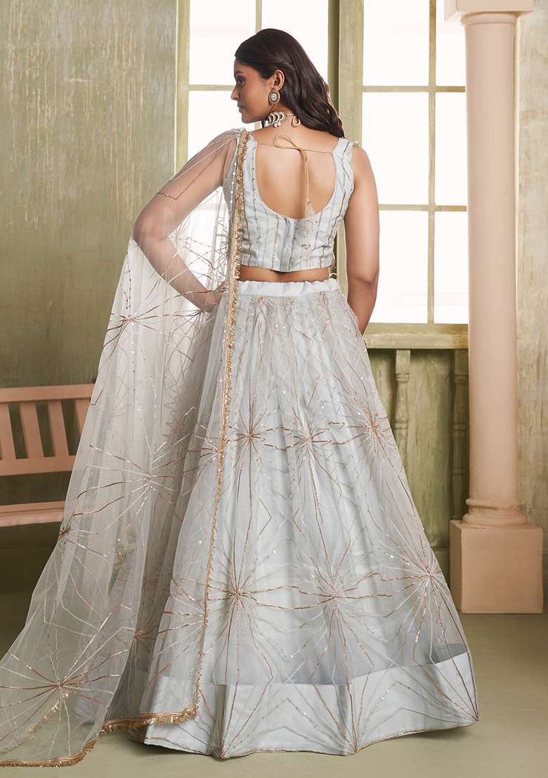 Light Gray With Dupatta Net Lehenga Set with Embroidered for Diwali | Wedding & Festive Wear - Indya