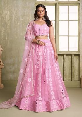 Pink Embroidered Net Lehenga Set With Dupatta