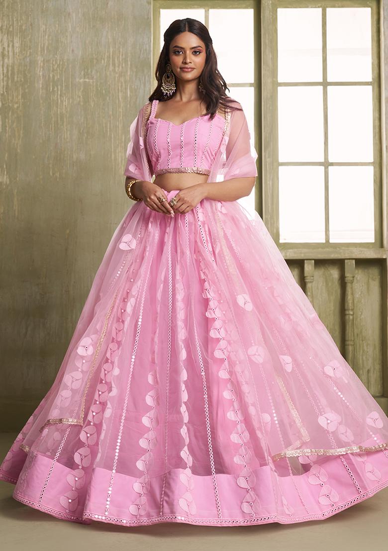 Pink Embroidered Net Lehenga Set With Dupatta