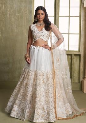 Off White Embroidered Net Lehenga Set With Dupatta