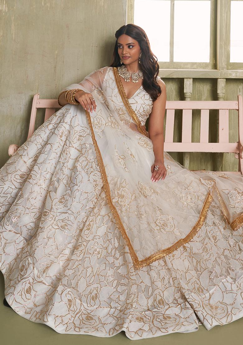 Off White Embroidered Net Lehenga Set With Dupatta