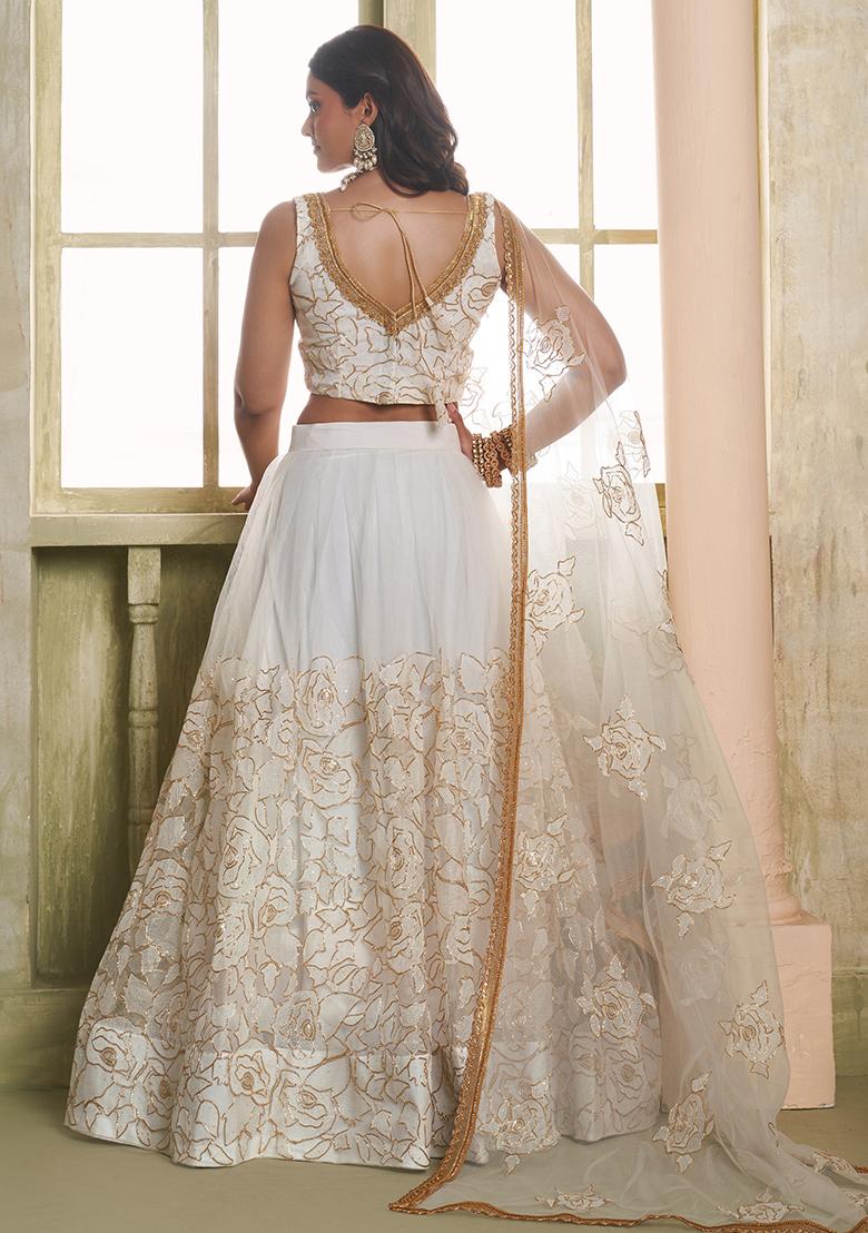 Off White Embroidered Net Lehenga Set With Dupatta