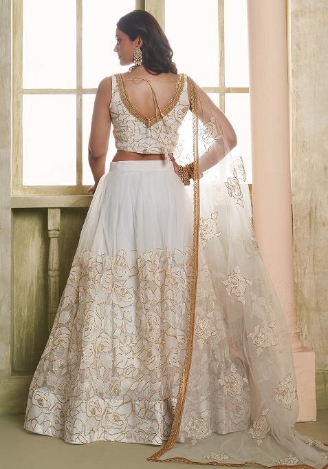 Off White Embroidered Net Lehenga Set With Dupatta