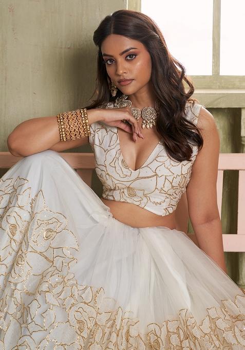 Off White Embroidered Net Lehenga Set With Dupatta