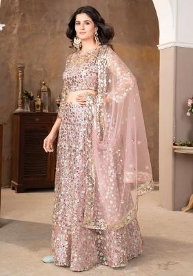 Light Peach Embroidered Net Lehenga Set With Dupatta