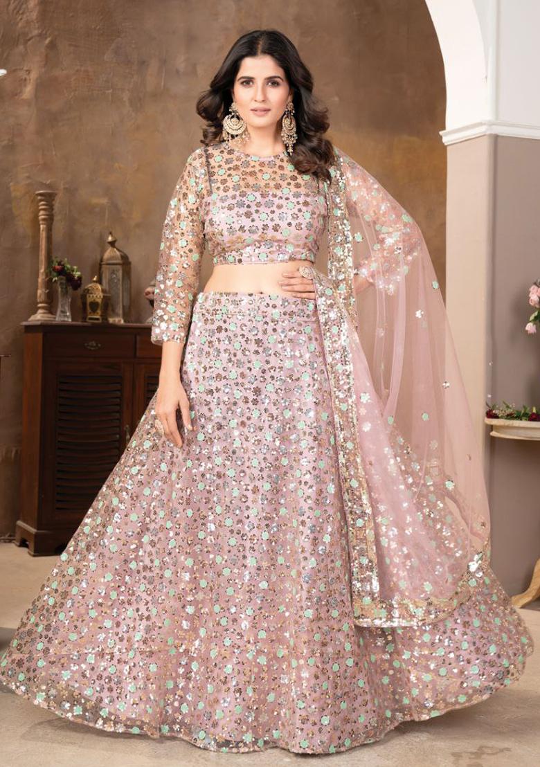 Light Peach Embroidered Net Lehenga Set With Dupatta