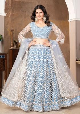 Blue Embroidered Net Lehenga Set With Dupatta