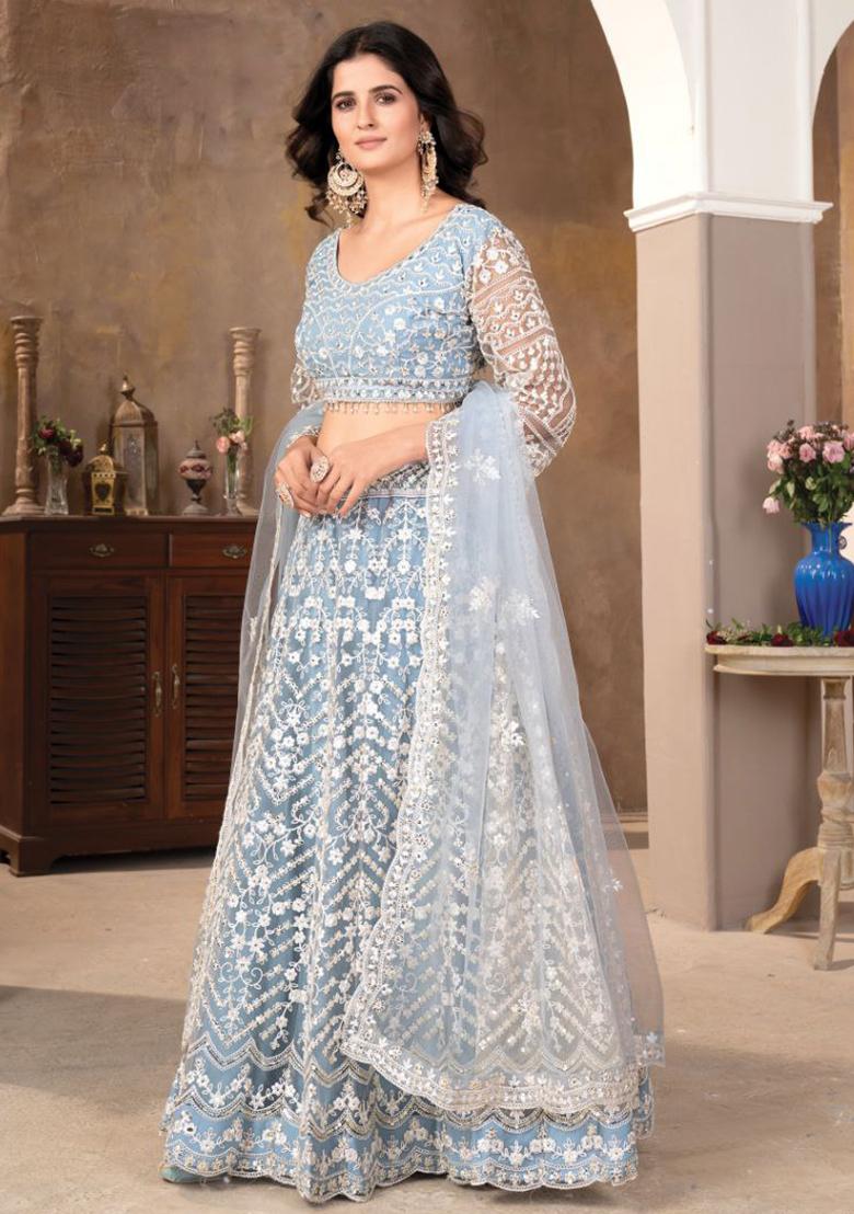 Blue Embroidered Net Lehenga Set With Dupatta