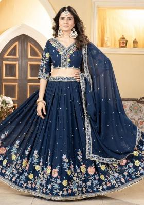 Blue Embroidered Gerogette Lehenga Set With Dupatta