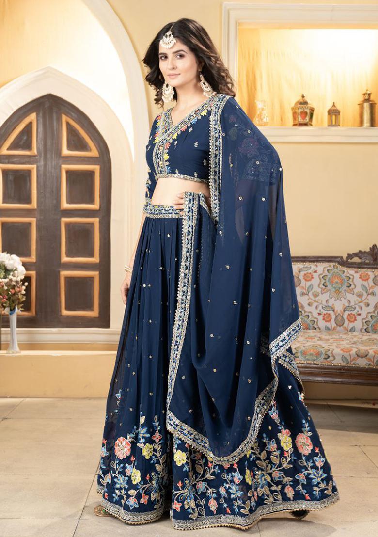 Blue Embroidered Gerogette Lehenga Set With Dupatta