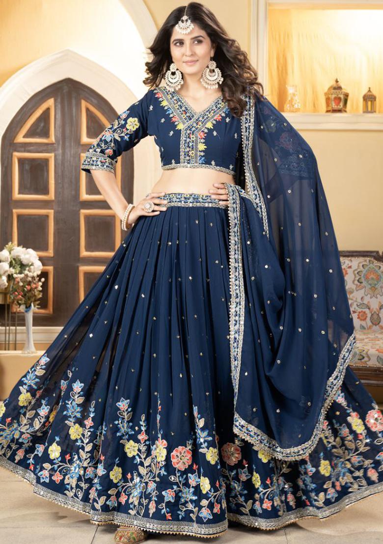 Blue Embroidered Gerogette Lehenga Set With Dupatta