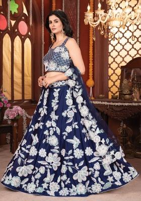 Blue Embroidered Silk Lehenga Set With Dupatta