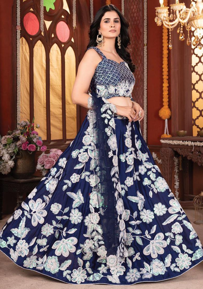 Blue Embroidered Silk Lehenga Set With Dupatta