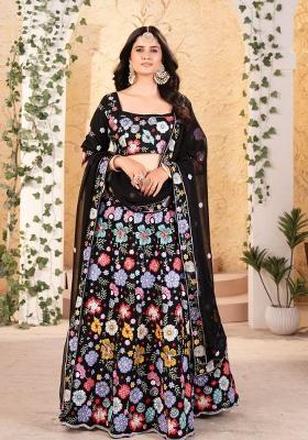 Black Embroidered Gerogette Lehenga Set With Dupatta