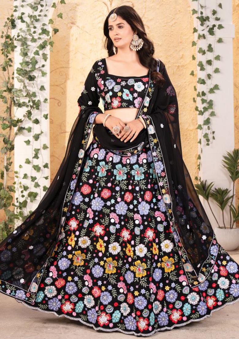 Black Embroidered Gerogette Lehenga Set With Dupatta