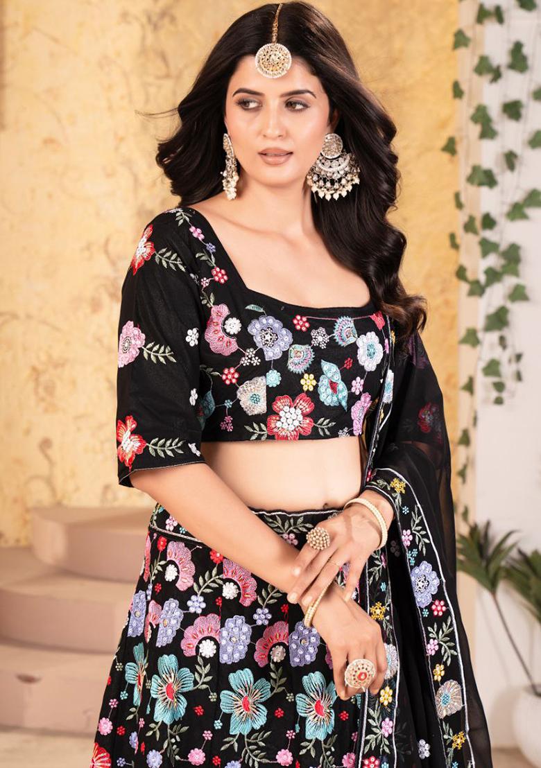 Black Embroidered Gerogette Lehenga Set With Dupatta