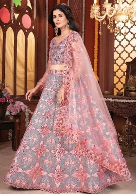 Gray Embroidered Silk Lehenga Set With Dupatta